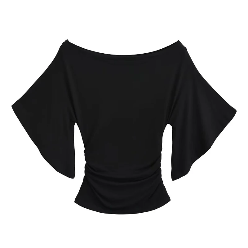 สไตล์เกาหลีผู้หญิงฤดูร้อนเซ็กซี่แขนค้างคาว Slash คอปิดไหล่เสื้อยืด Cinching เอว Slim Top