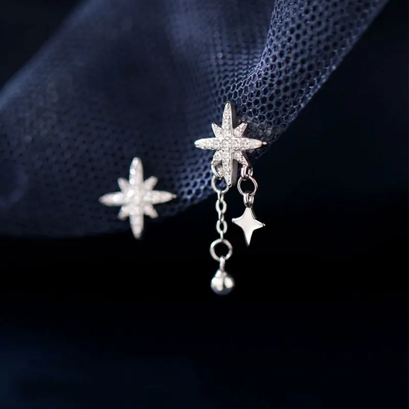 Exquisite Zircon Asymmetrical Eight pointed Star Tassel stud Earrings Women 925 Sterling Silver Luxury Party Jewelry