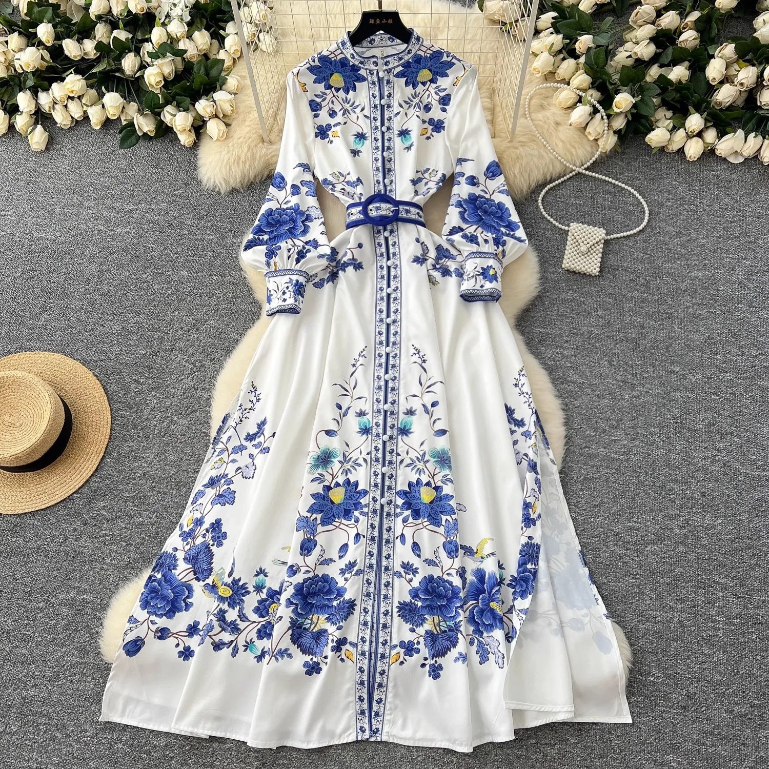 

2025 Spring Fashion Blue Flower Print Dress Women Clothing Stand Long Lantern Sleeve Single Breasted Belt Side Slit Maxi Vestido