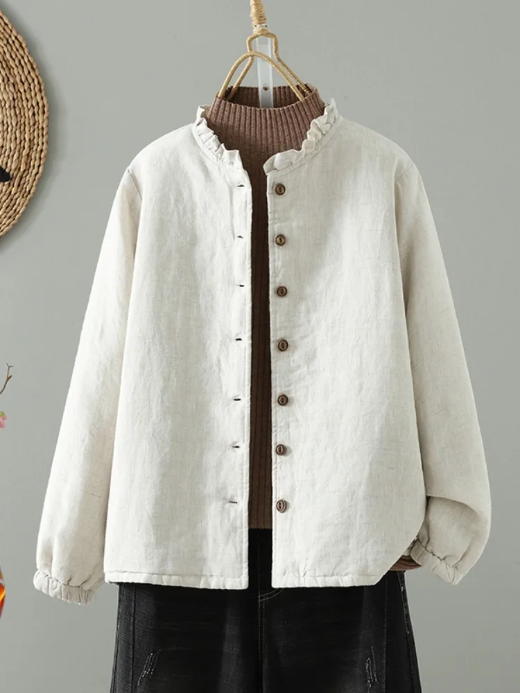 

High Quali Linen Cotton Thiened Home Cotton Jaet Women Winter Ele Beautiful Wood ain Collar Cotton Coat