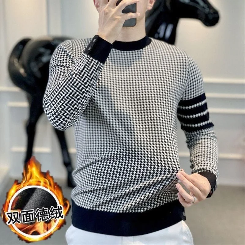 Mens Fashion Houndstooth Round Neck Sweatshirt Double Sided Velvet Warm Top