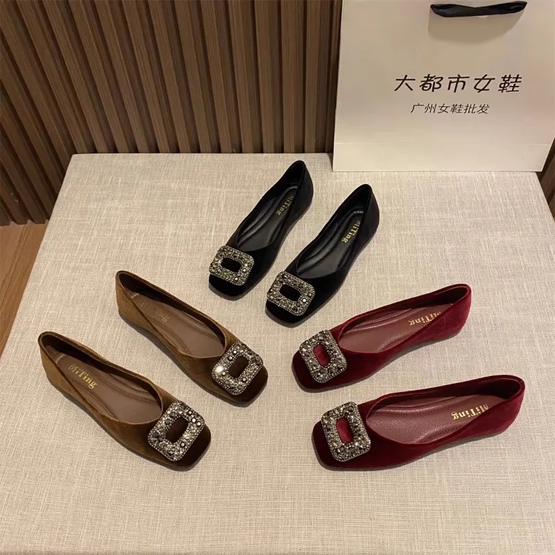 

Flat Shoes for Women Spring Autumn 2025 New Rhinestone Square Toe Shallow Mouth Loafers Ladies Shoes Big Size 42 43 44