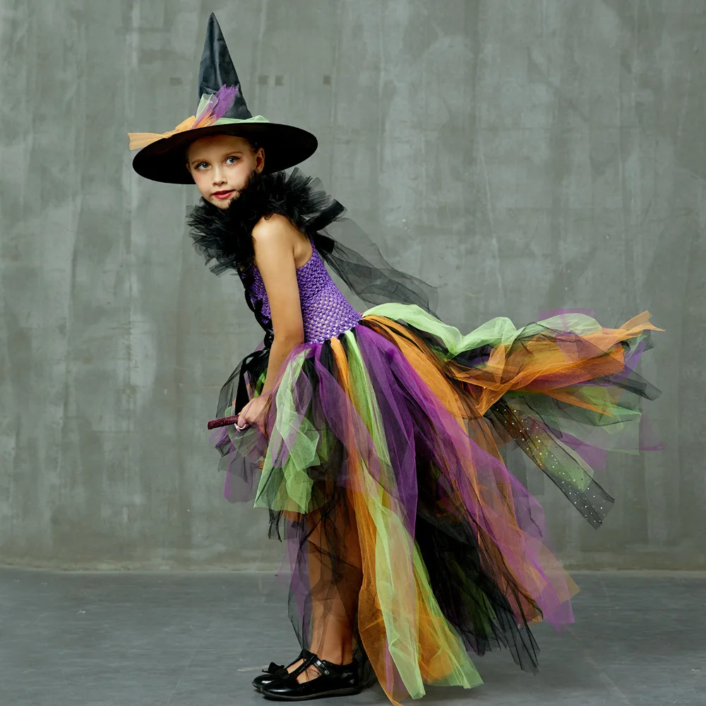 2023 Halloween Girls Witch Tutu Cosplay Dress Rainbow Trailing Tulle Kids Carnival Party Dress Children Gown Dress Witch Costume