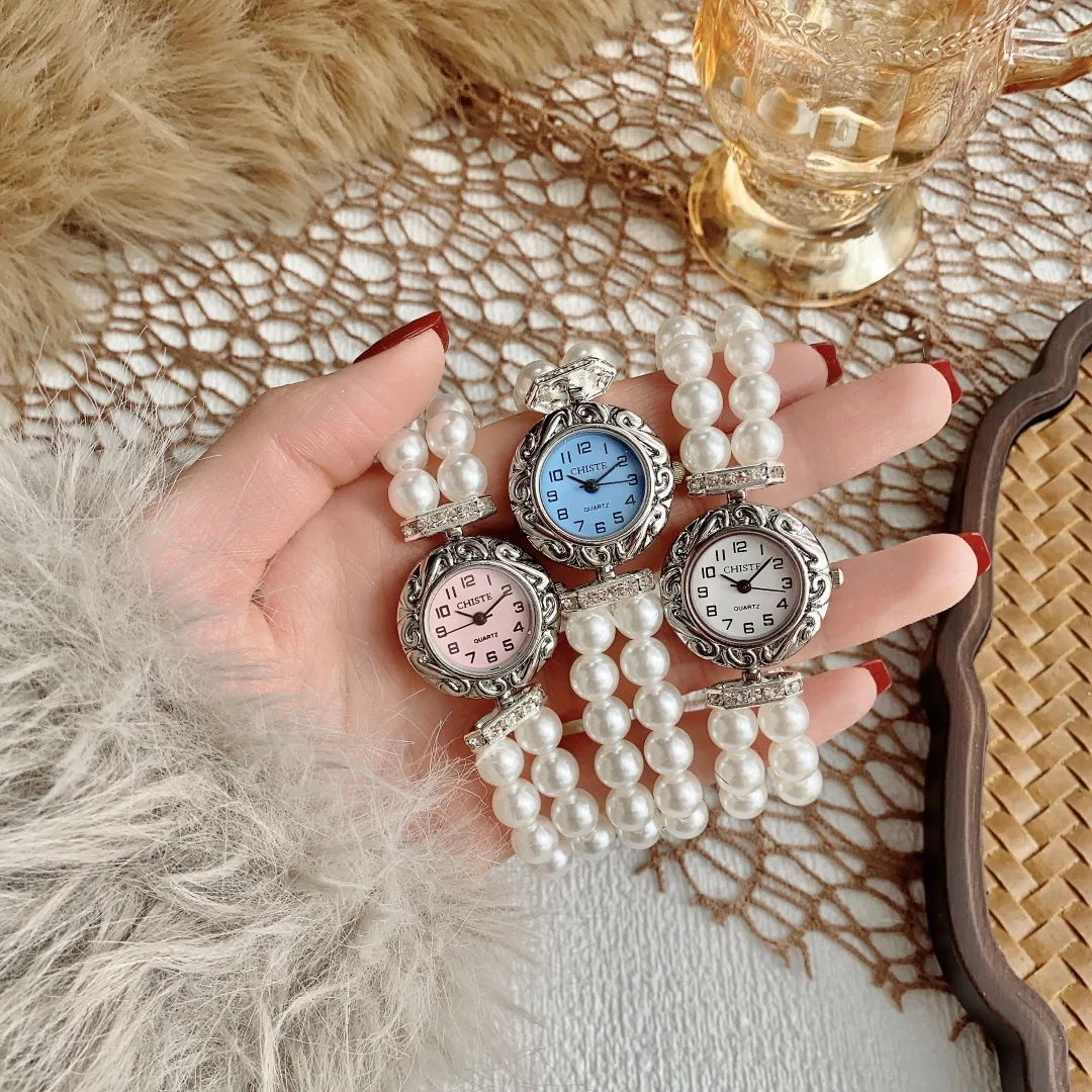 นาฬิกาผู้หญิงนาฬิกาผู้หญิง Casual นาฬิกาข้อมือสร้อยข้อมือลูกปัดมุกนาฬิกาสายคล้องคอนาฬิกาข้อมือควอตซ์ Horloges เครื่องประดับของขวัญ