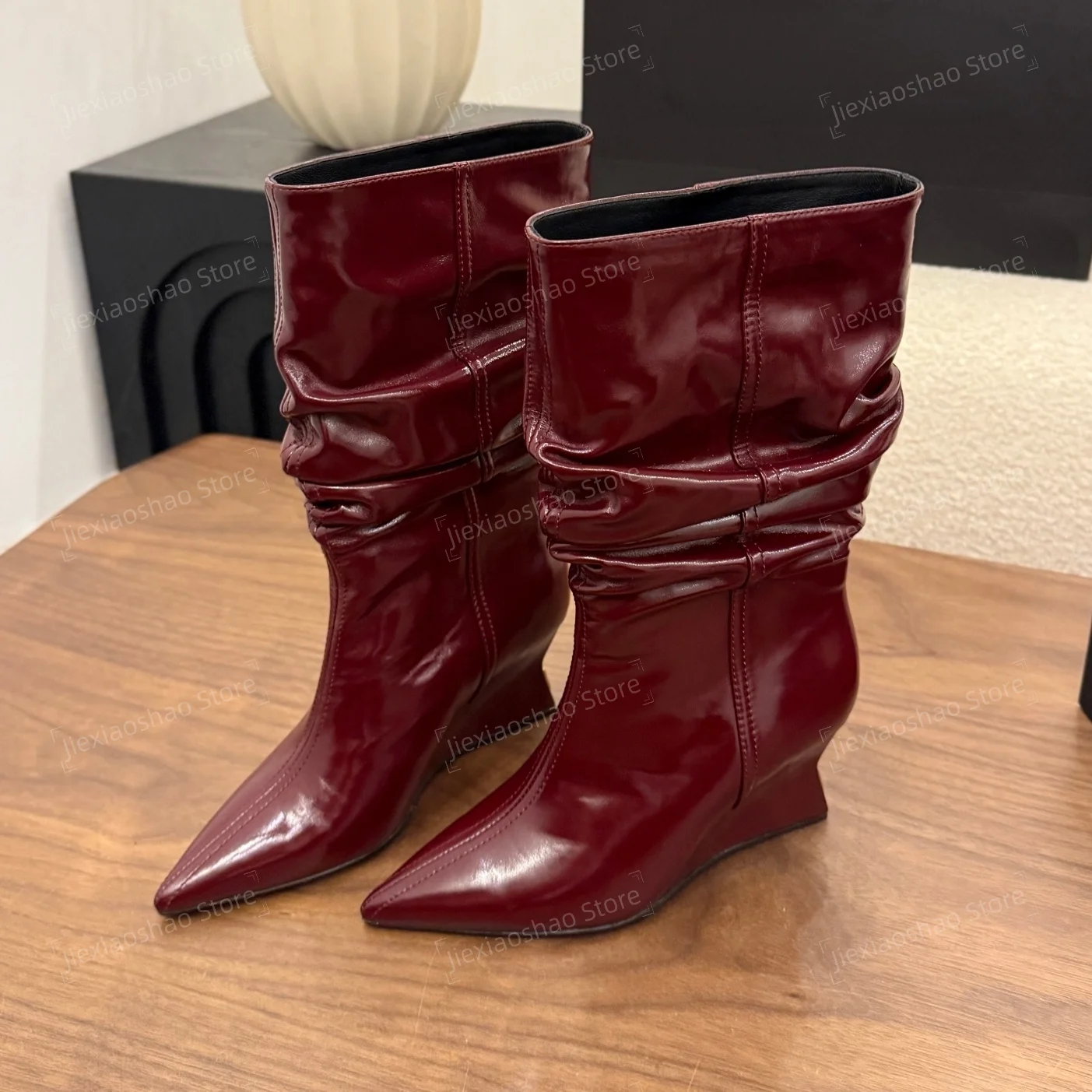 Desinger Top Quality Handmade Genuine Leather Pointed-Toe Wedges Mid-Calf Boots Zapatos De MujerWoman Slouch Boots Denim Pumps