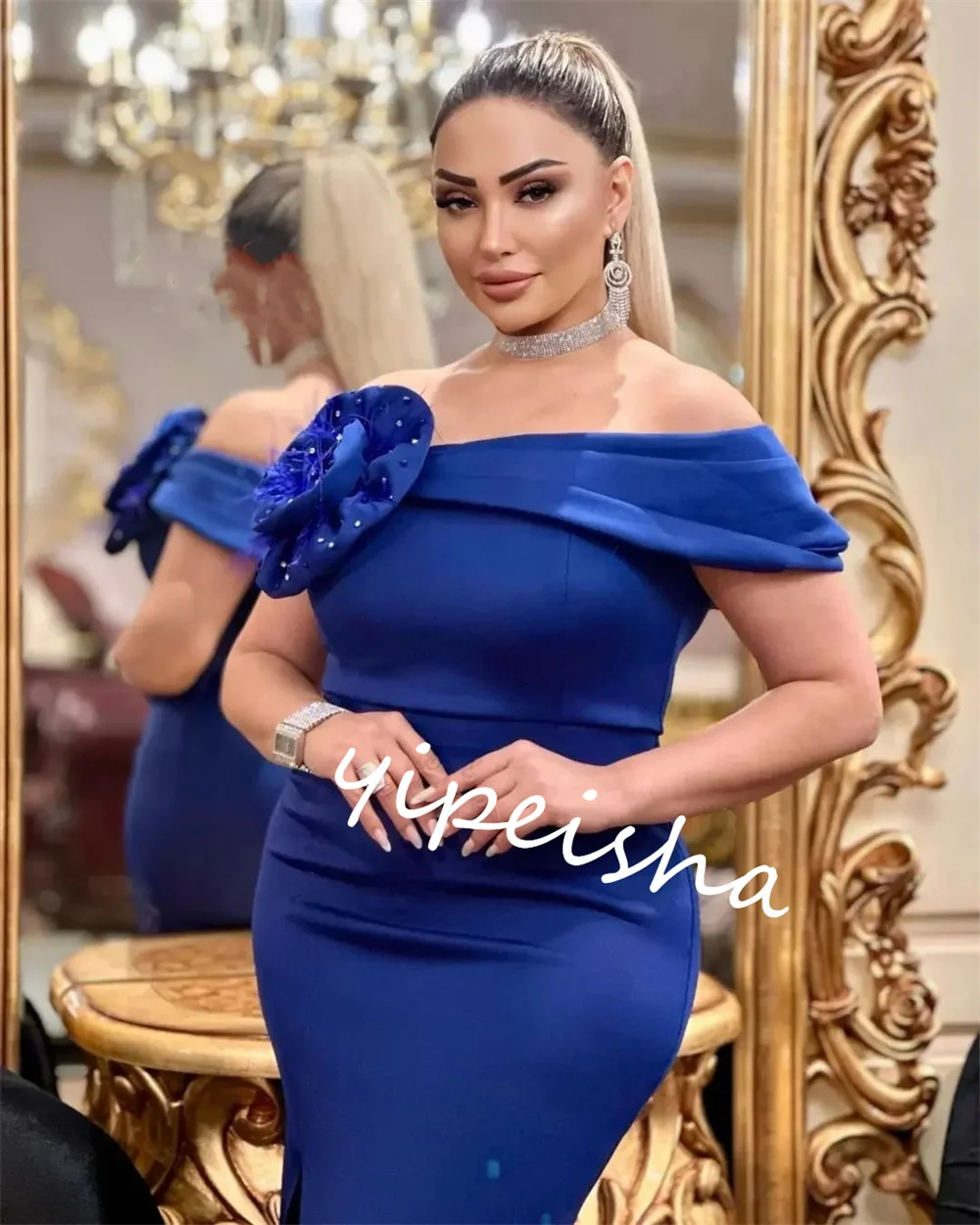 Prom Dress Evening Satin Flower Cocktail Party A-line Off-the-shoulder Bespoke Occasion Gown Midi Dresses Saudi Arabia