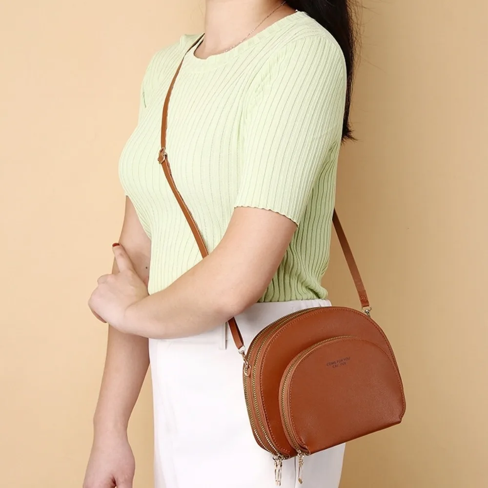 

Soft Multiple Zip Pockets Shoulder Bag Waterproof Large Capacity PU Leather Crossbody Bag Adjustable Strap Solid Color Phone Bag