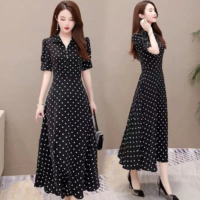 2024 New,Summer Short Sleeve Polka Dot Dress, For Womens Clothing ,Elegant Summer Dresses ,Korean Slim Chiffon Dress ,Vestidos,