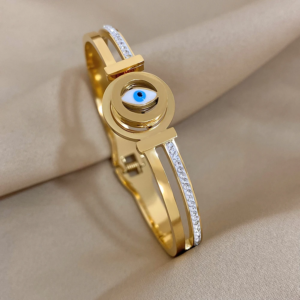Evil Eye Stainless Steel Charm Bracelet, Rhinestone
