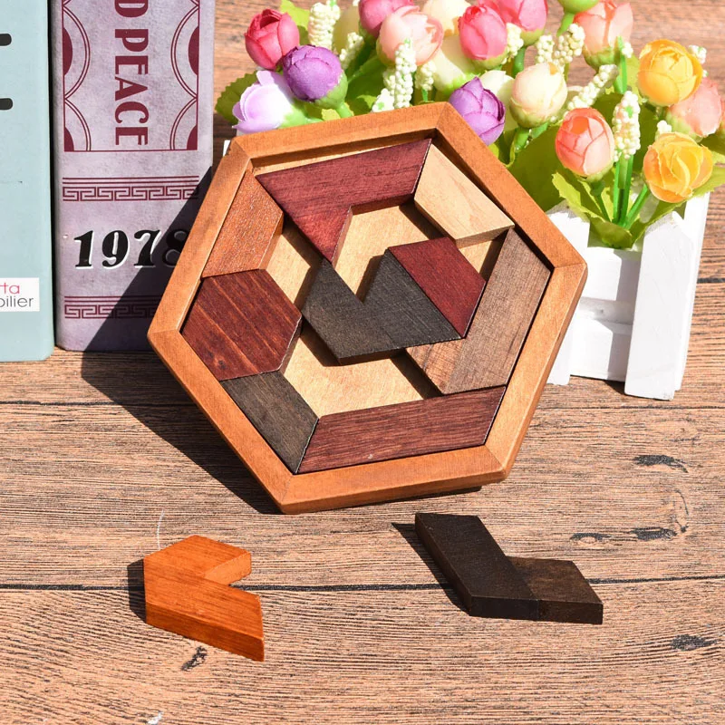 Rompecabezas hexagonal Tangram, rompecabezas de madera para adultos y niños, juegos lógicos de desafío IQ, Casse Tete Rompecabezas Montessori