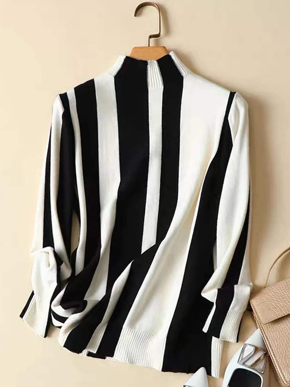 Women Long Sleeves Knit Sweater Turtleneck Striped Print Pullover Tops Cashmere Sweater Women Elegant Outwear Coat Tops ouc1492