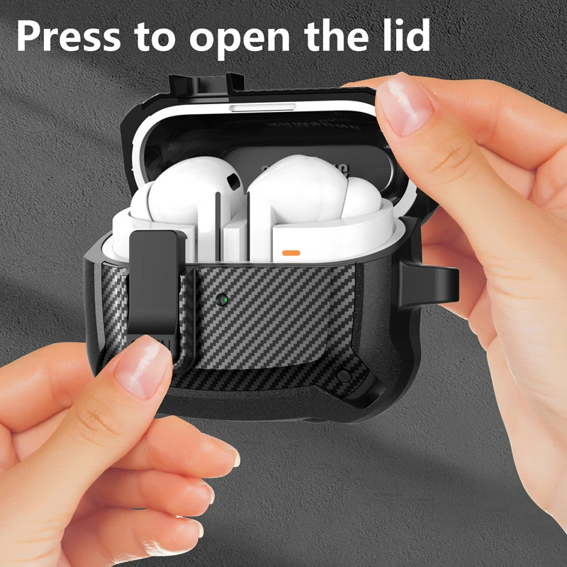 Secuer Lock Switch Carbon fiber textured headphone case For Samsung Galaxy Buds3Pro Galaxy Buds3 headphone casewith hook