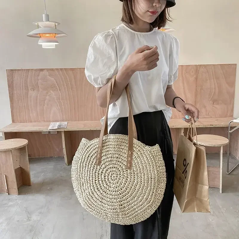 

Women's Handbags Summer Round Straw Women Vacation Woven Beach Shoulder Bag Large Capacity Hollow Simple Tote Bag Сумка Женская