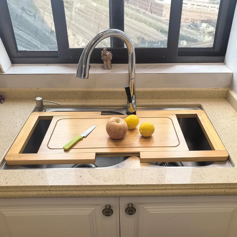 

Expandable Wooden Over The Sink Cutting Board with Juice Groove for kitchen, Wood Kitchen Sink Cover Chopping Board for Counter