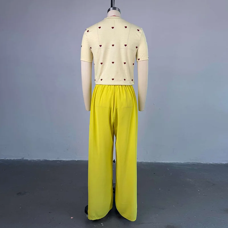 طقم بناطيل نسائية من Slergiri موضة صيف 2025 على شكل قلب 0 ورقبة قصيرة وأكمام قصيرة مع بنطال ذو قصة أرجل واسعة طقم موضة حلوة مكون من قطعتين #5