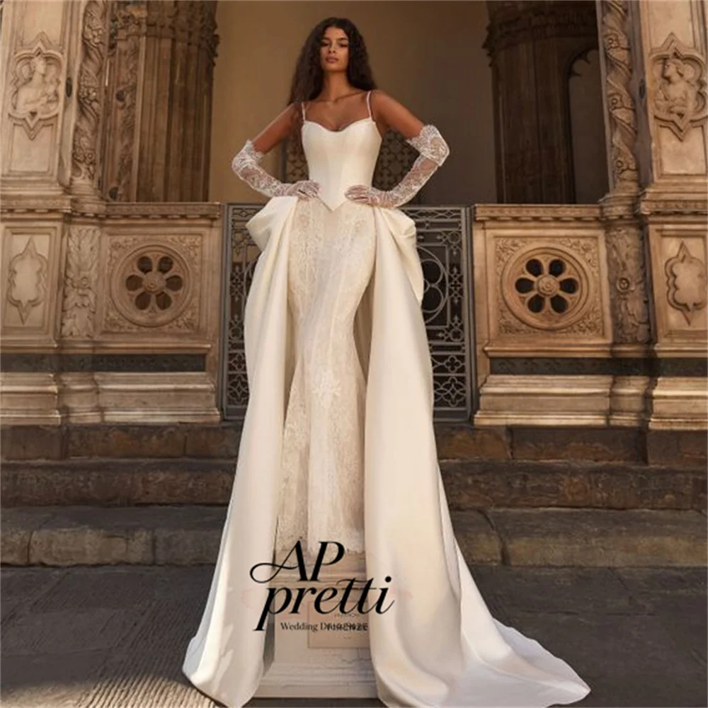 AP pretti Gorgeous Mermaid Trumpet Lace Bridal Gown Spaghetti Strap Detachable Train Satin Fashion Wedding Dresses Customized ﻿