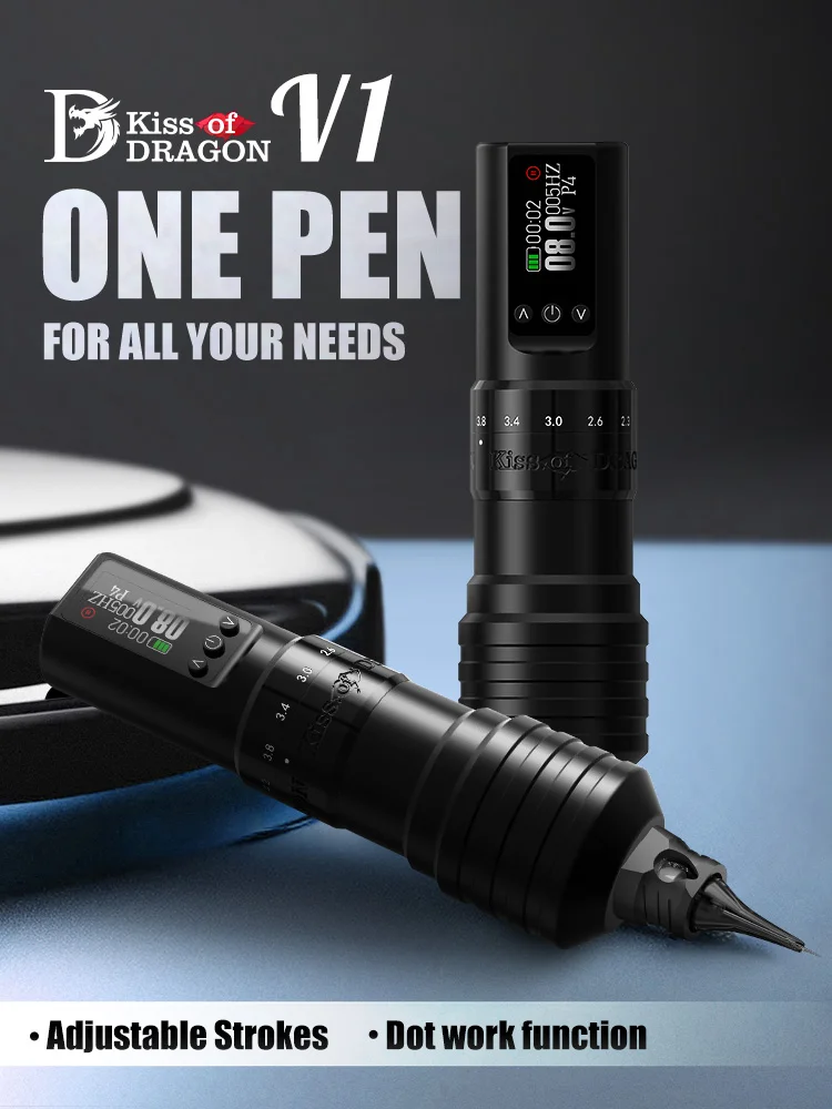 

Kiss of Dragon Wireless Tattoo Machine Pen Adjustable 2.0-4.2mm Strokes Battery Power Supply Gun for Beginners and Artists