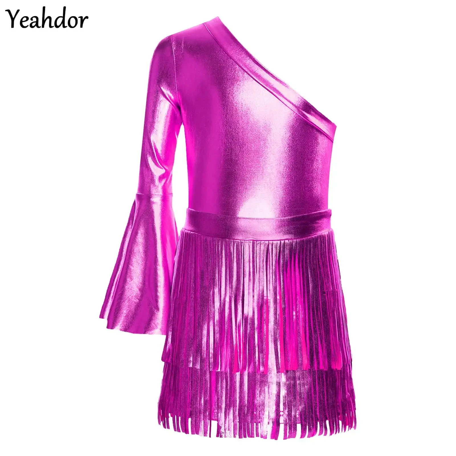 

Girls Shiny Metallic 70S Disco Hippie Jumpsuit One Flare Sleeve Jazz Dance Bodysuit with Tassels Skirt Western Cowgirl Costume