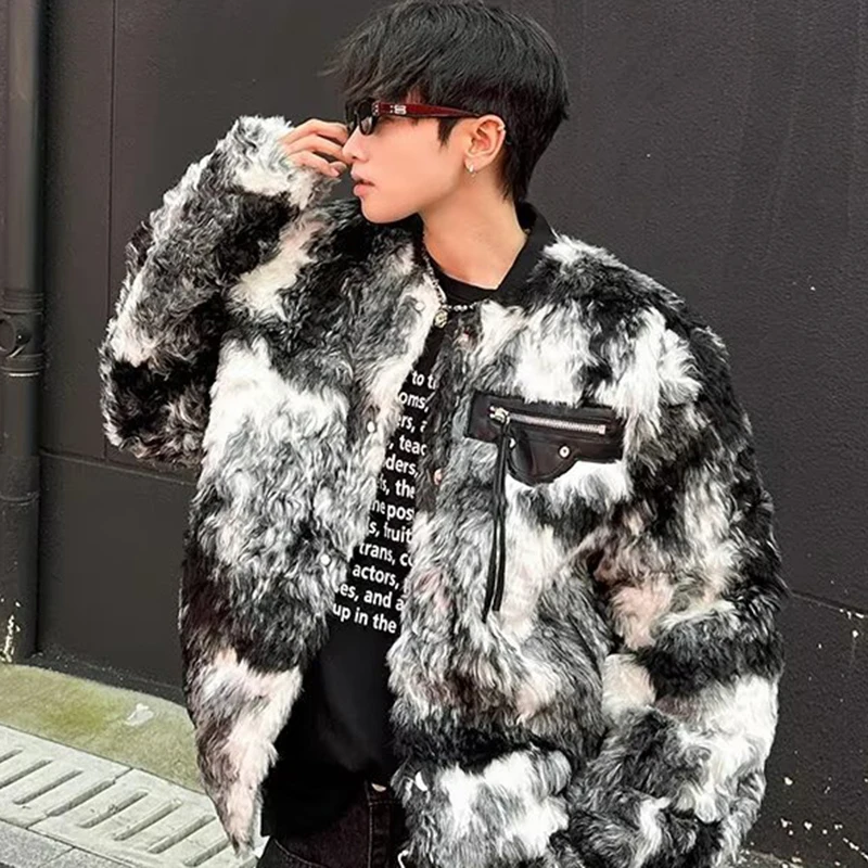 FEWQ Tie Dyed Lamb Wool Men Cotton Jacket Splicing Color Plush Coat Autumn 2024 Contrast Color Male Tops Fashion 24E5360