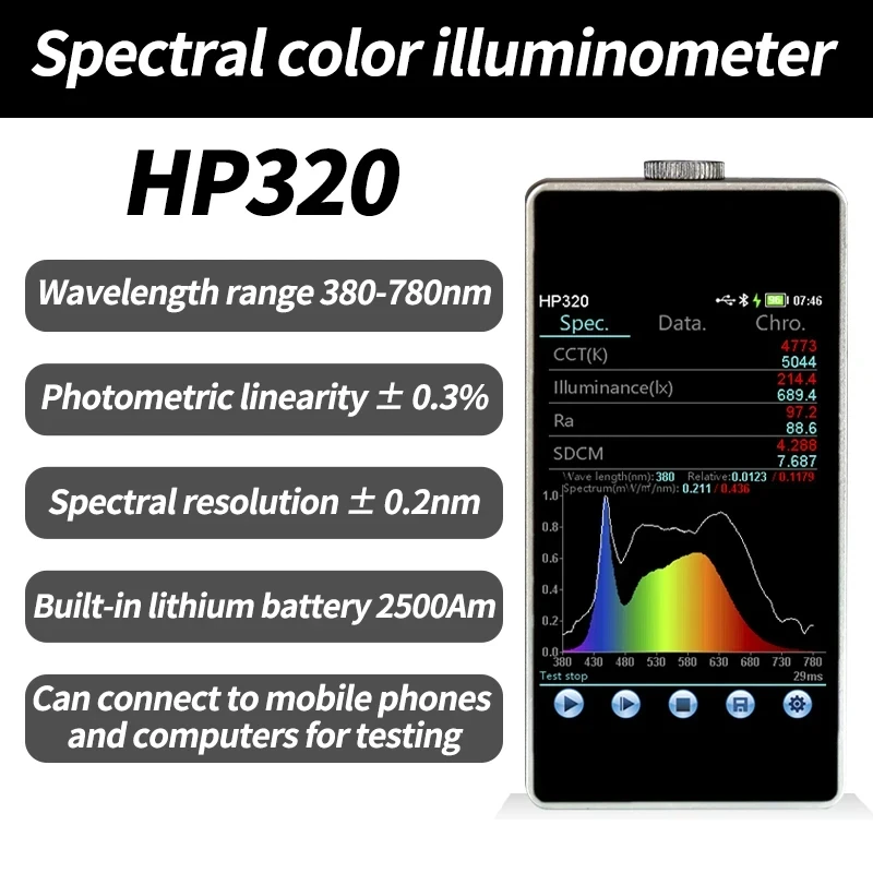 HP320 spectrometer spectral color illuminance meter color temperature color rendering index color tolerance coordinate detector