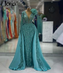 Mint Green Deep V Neck Beads Evening Dresses Long 2024 Celebrity Gowns For Woman Wedding Party Detachable Train Prom Dress