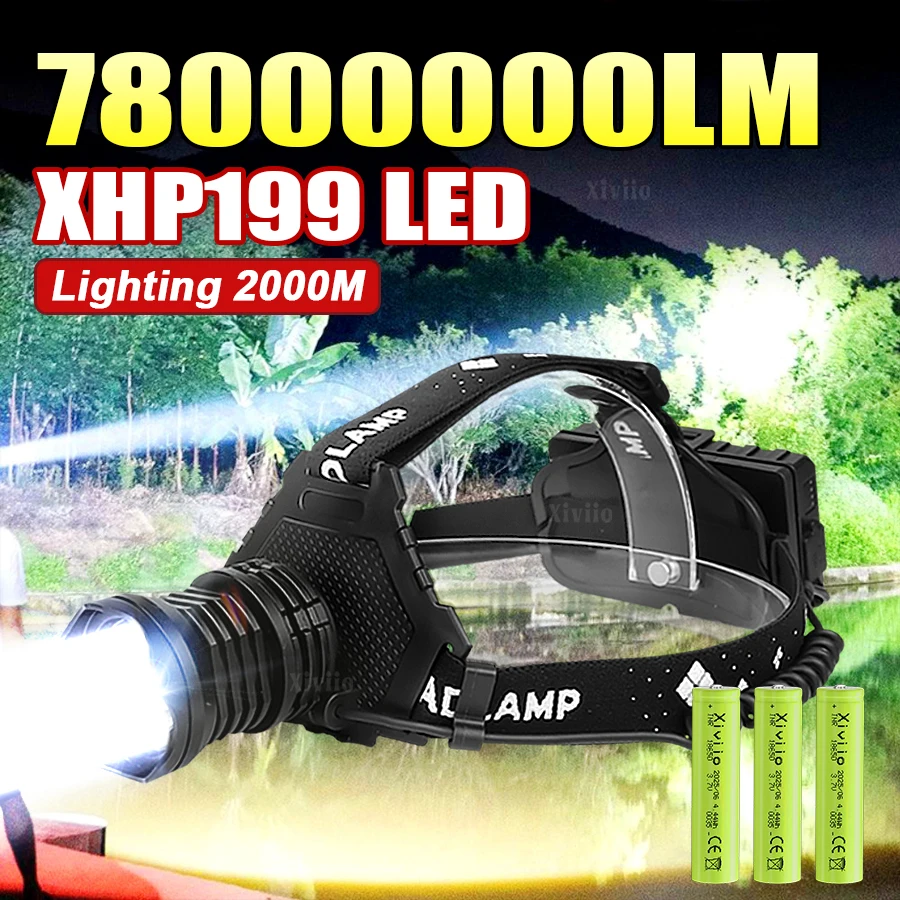 

78000000LM XHP199 Светодиодный налобный фонарь Перезаряжаемый налобный фонарик Телескопический зум 2000 м Светодиодный налобный фонарь для рыбалки и охоты передний фонарь