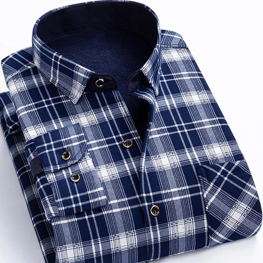 

Cold Weather Men Fleece Shirt Stylish Mid-aged Men's Plaid Print Cardigan Warm Formal Business Shirt with Thick for Fall/winter