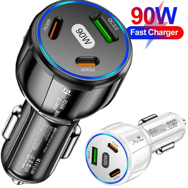 3-in-1 Car Charger 90W QC3.0 PD Type C USB High Quality Universal Moblie Phone Fast Charging and Adapter Auto Accessories