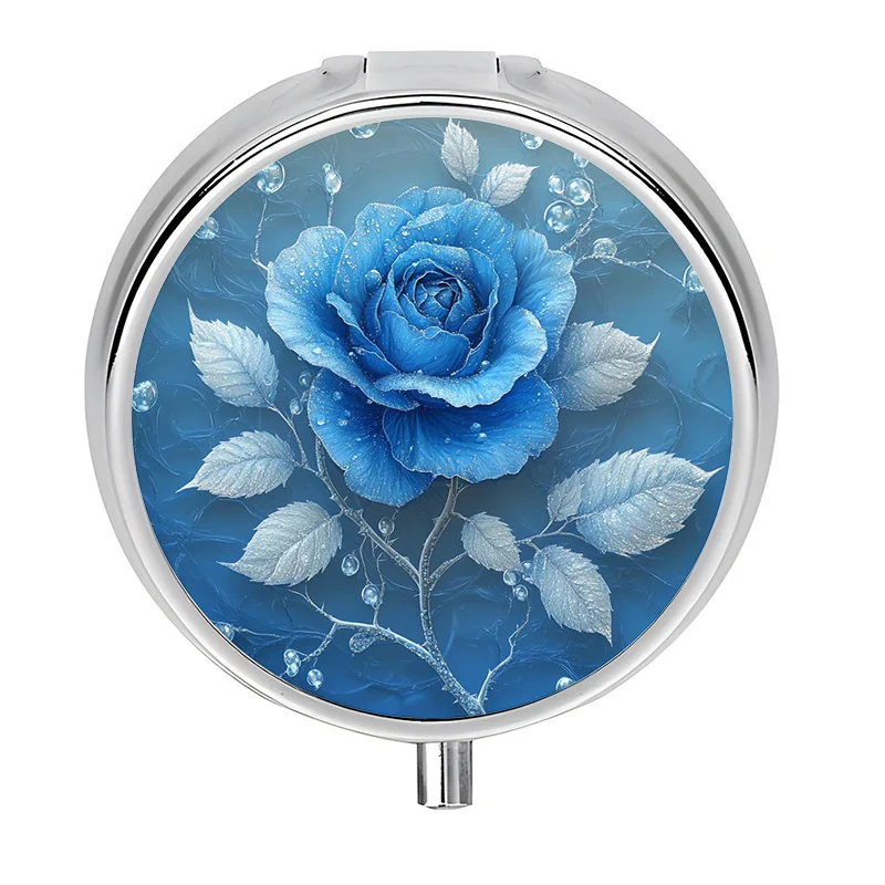 1 Pill Box with 3 Compartments, Ice Blue Rose Themed Mini Pill Container, Pill Organizer, Unique Gift, Easy to Carry, Unique Gift Item