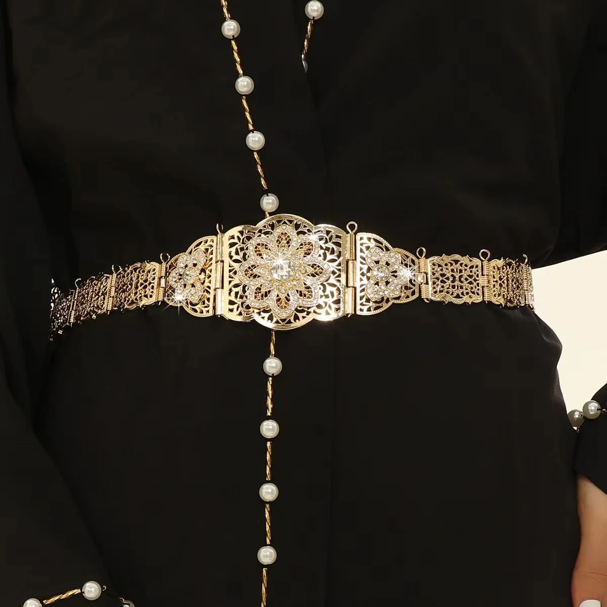 Sunspicems Chic Morocco Caftan Belt For W omen Crystal Flower Star Metal Waist Chain Body Jewelry Arab Bridal Wedding Dress Belt