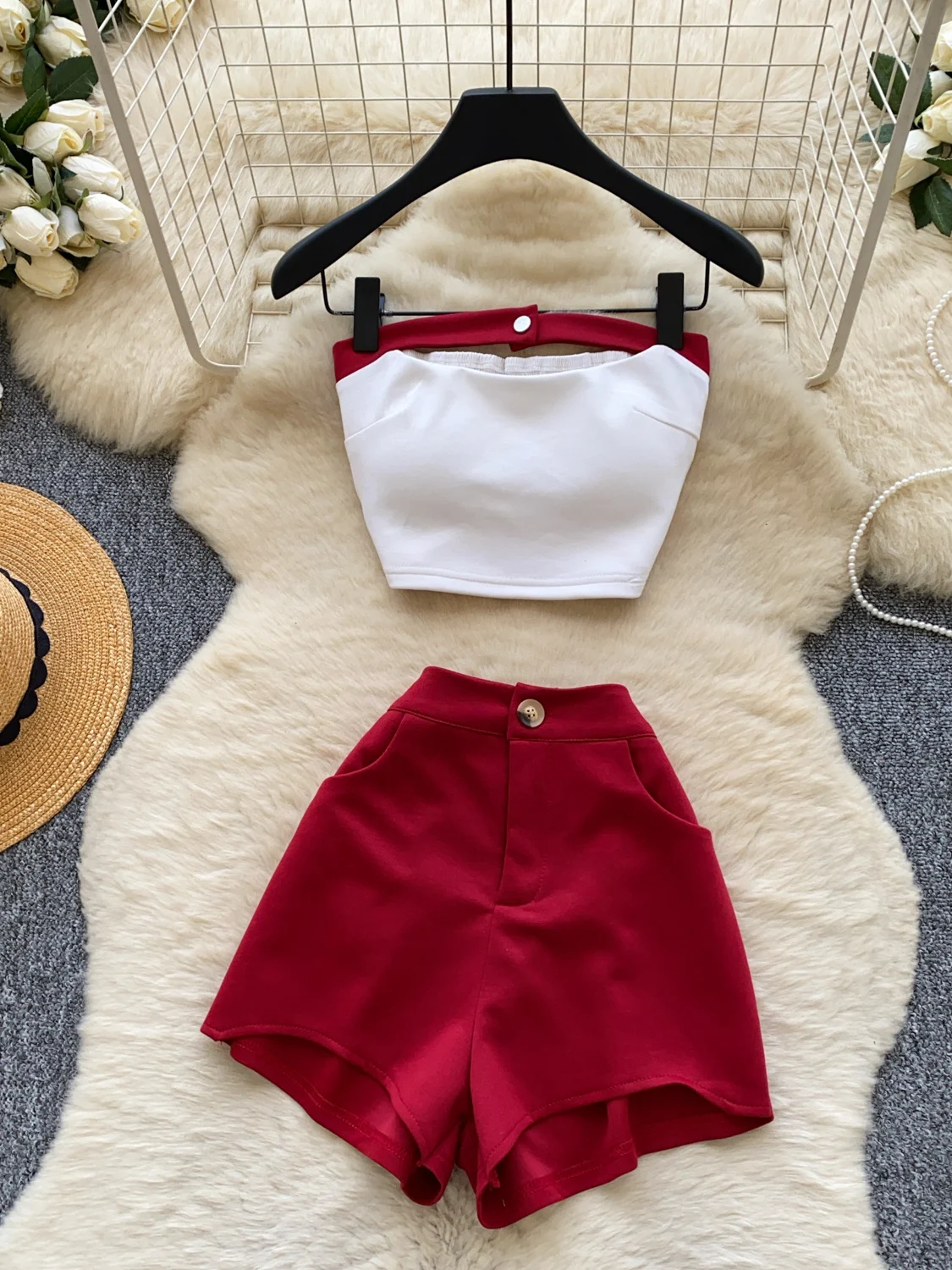 

Ladies High Waist Short Pants Crop Top Two Piece Set Commute Style Summer Fashion Slimming Trendy Girl Outfit Casual Wear