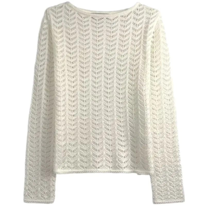 Autumn New Arrival Women's Knitted Open Front Loose Hollow out Texture Long Sve Crew Ne Pullover Faionable Versatile Top