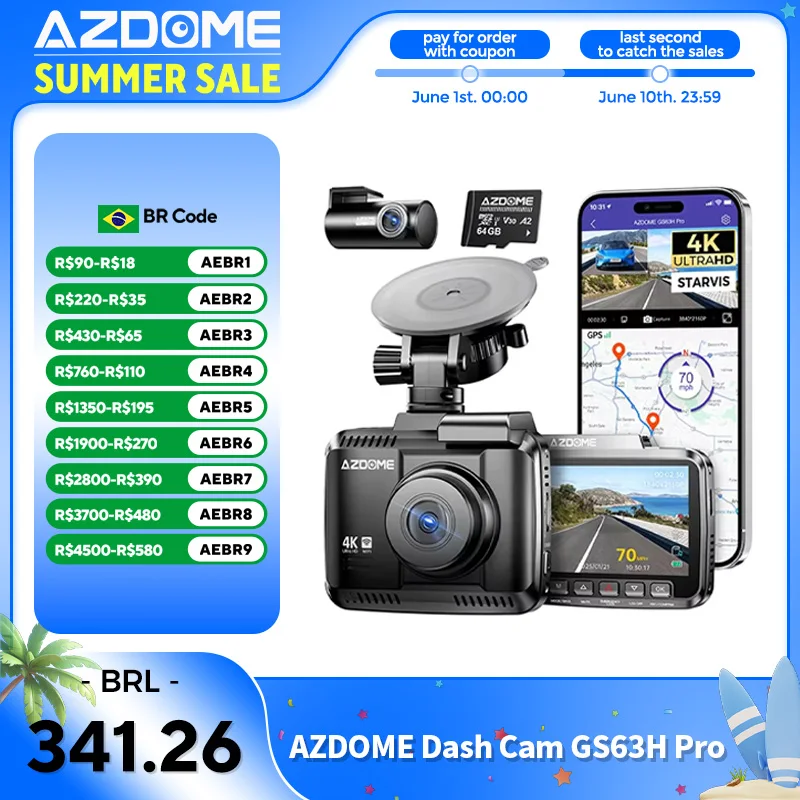 Câmera Veicular AZDOME 4K ADAS GS63H Pro com GPS Integrado, WiFi, Gravador de Vídeo, Visão Noturna WDR, Monitoramento de Estacionamento 24H, 1080P