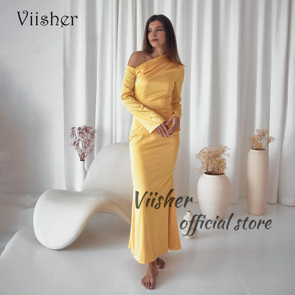 

Viisher Yellow Satin Mermaid Evening Dresses One Shuolder Eelgant Long Formal Dress Ankle Length Dubai Prom Party Dress