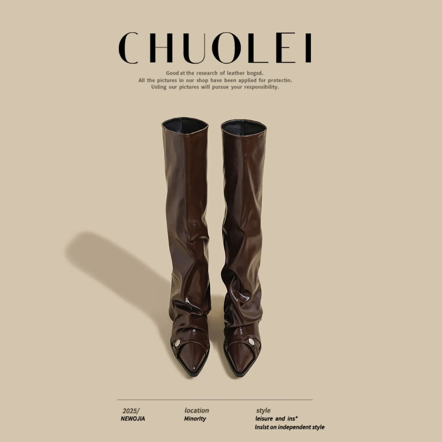 Neue Frühlings- und Winter-Reitstiefel mit hohem Absatz, kniehoch, braun, mit Fleecefutter und gerafftem Hosenbein.