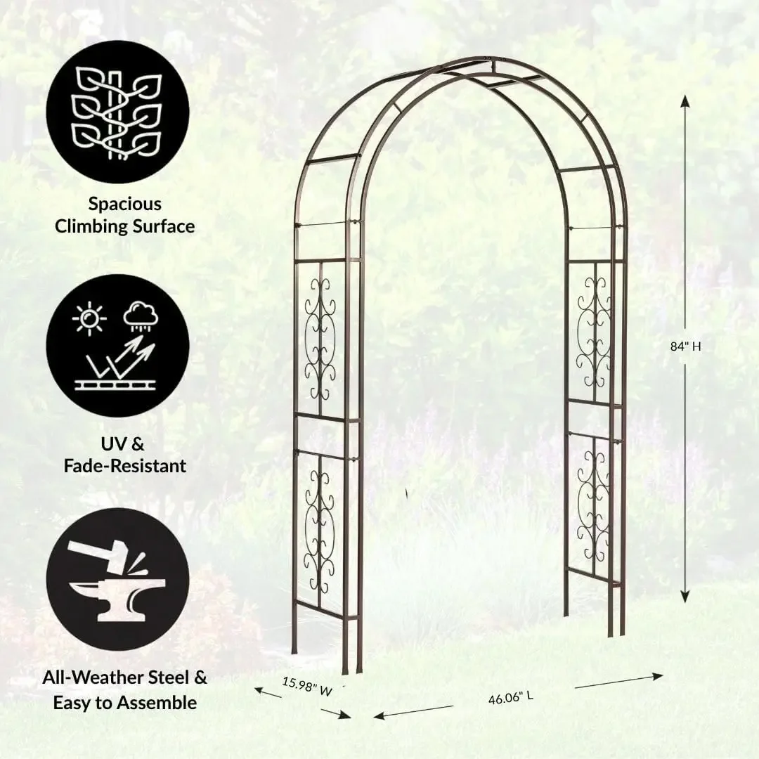 Plow & Hearth Arch Metal Outdoor Garden Arbor Montebello Gunmetal 7 Feet Tall, Steel Iron Trellis Lattice for Climbing Plants