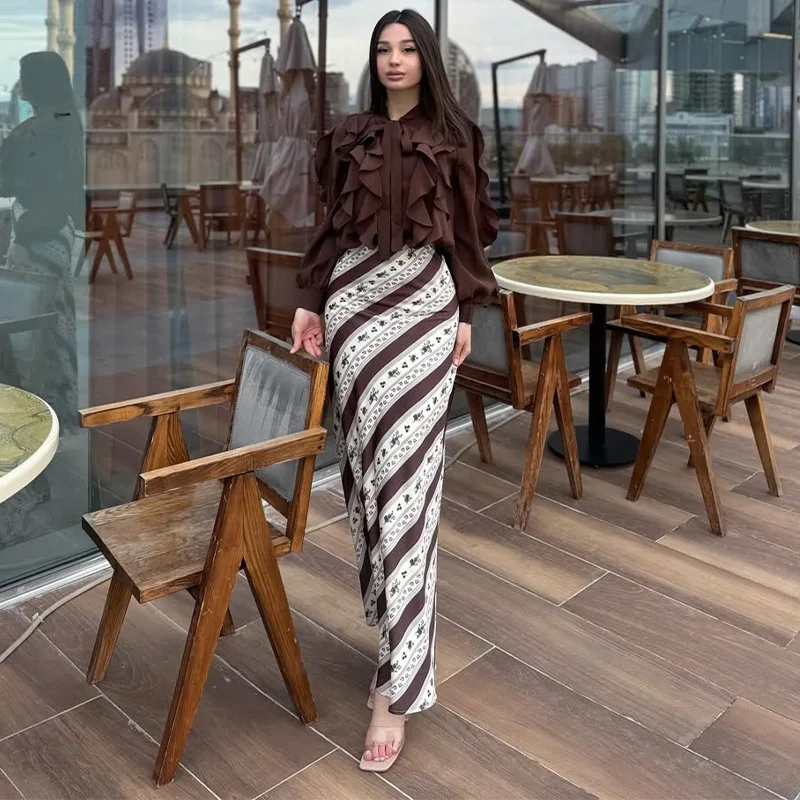 

2025 New Women's Long Sve Floral Print Blouse Cross-Border Faion Casual Sportswear Set with Lace Hemline Chinese Manufac...