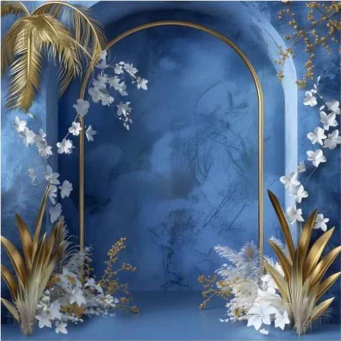 Mehofond 아치 문짝 꽃 사진 배경 웨딩 소녀 생일 파티 베이비 샤워, 보호 팜파스 블루 벽 장식 배경