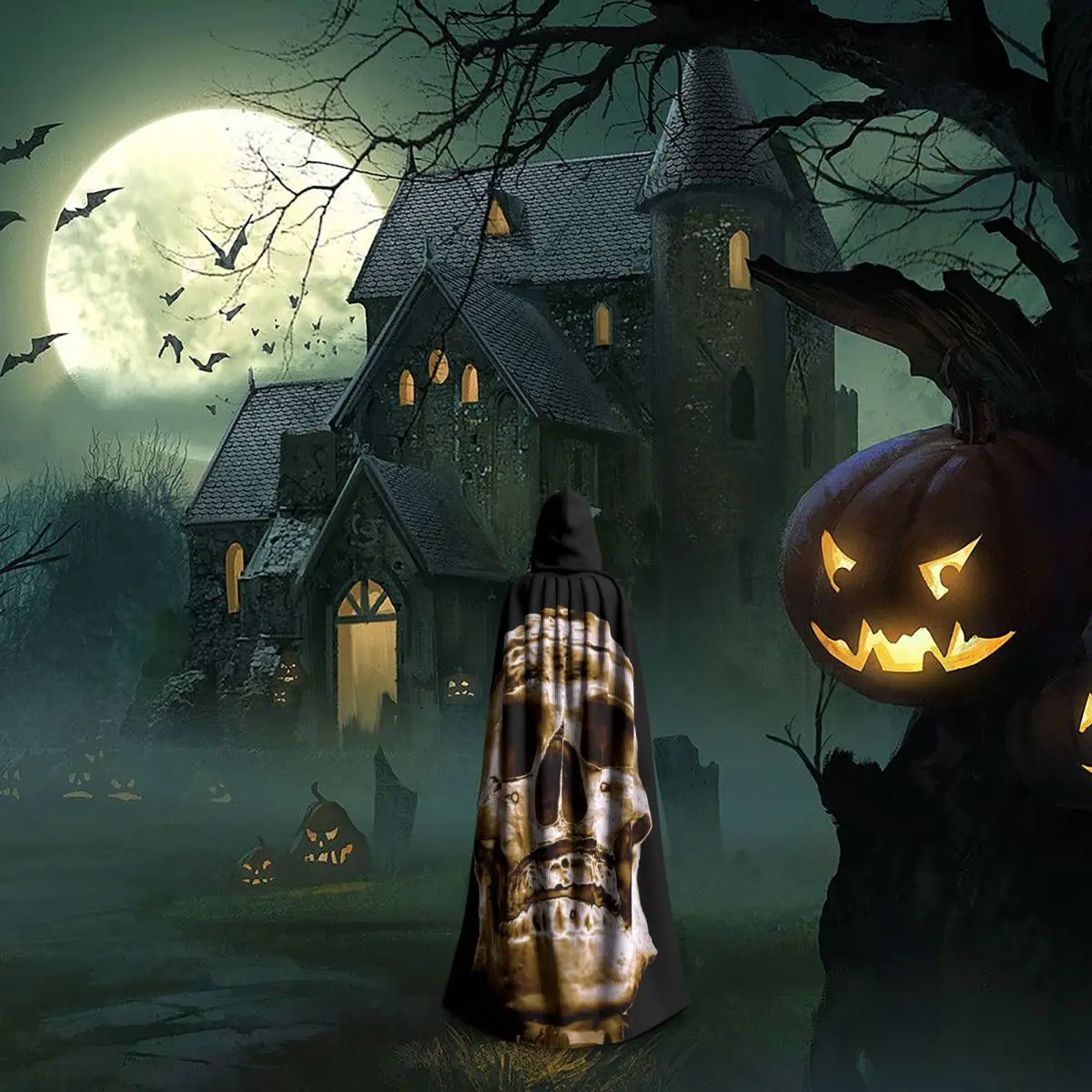 رئيس الإنسان هالوين الهيكل العظمي الجمجمة طويلة مقنعين عباءة الساحرة القرون الوسطى زي تأثيري كيب HalloweenParty الكبار للجنسين