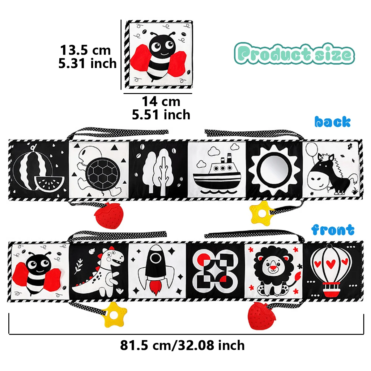 ソフトベビーブック - 高コントラストの白黒触感布絵本、乳幼児向け、女の子と男の子へのギフト