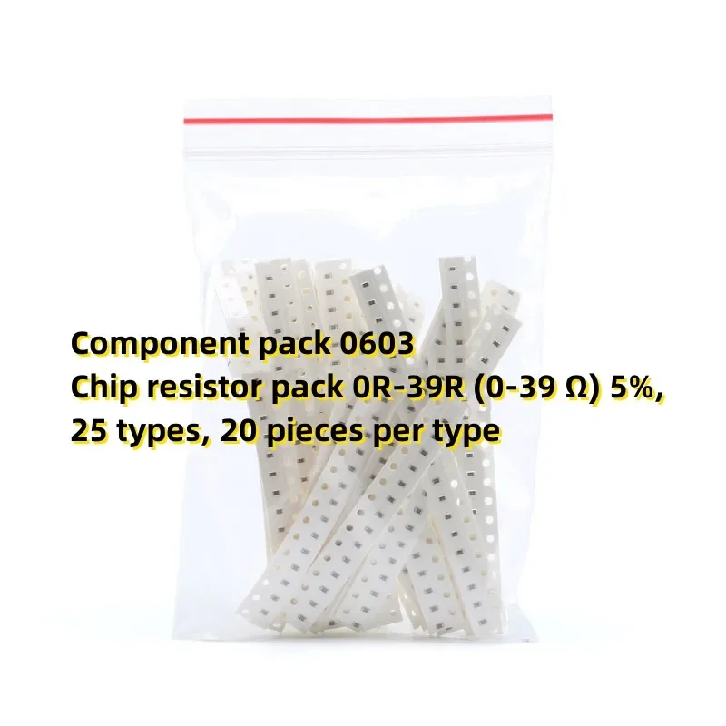 

Комплект компонентов 0603 Комплект чип-резисторов 0R-39R (0-39 Ом) 5%, 25 типов, 20 штук на тип