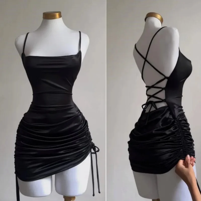 Vestido corto de satén para mujer, minivestido Sexy ajustado con cordones, sin mangas, Espalda descubierta, elegante, para fiesta y Club, ropa de calle, bata negra de noche