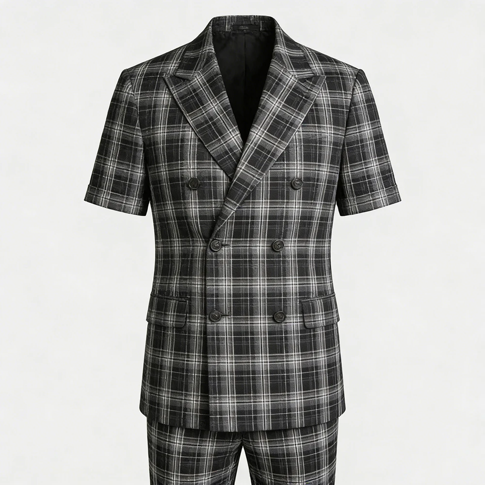 

Customized Men's Plaid Suits Blazer Short Sleeve Peak Lapel Regular Length Male Clothing Formal 2 Piece Jacket Pants Outfits
