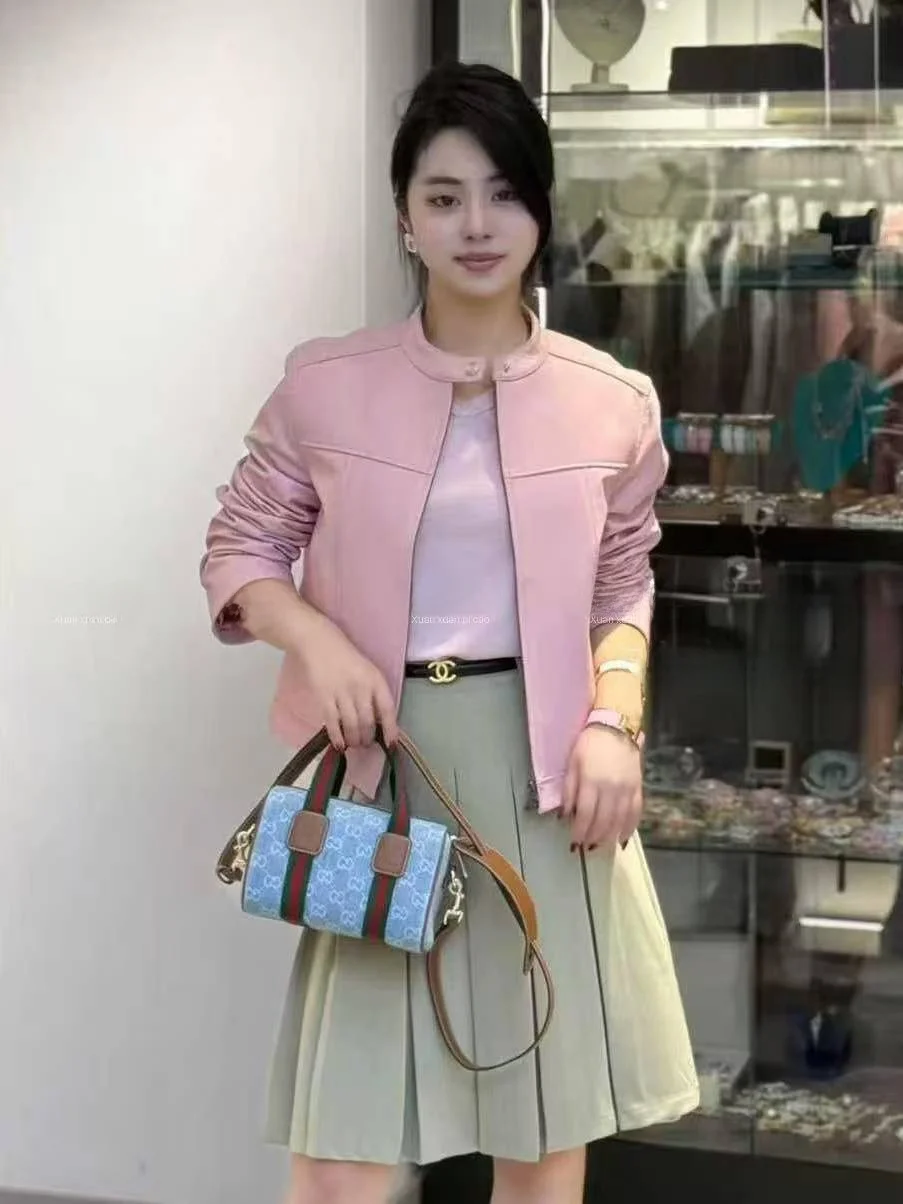 

Spring 2026 Vintage Hong Kong Sle Loose Fit Biker Leather Jaet Women's Stand Collar ort Length Zipper Closure eepskin