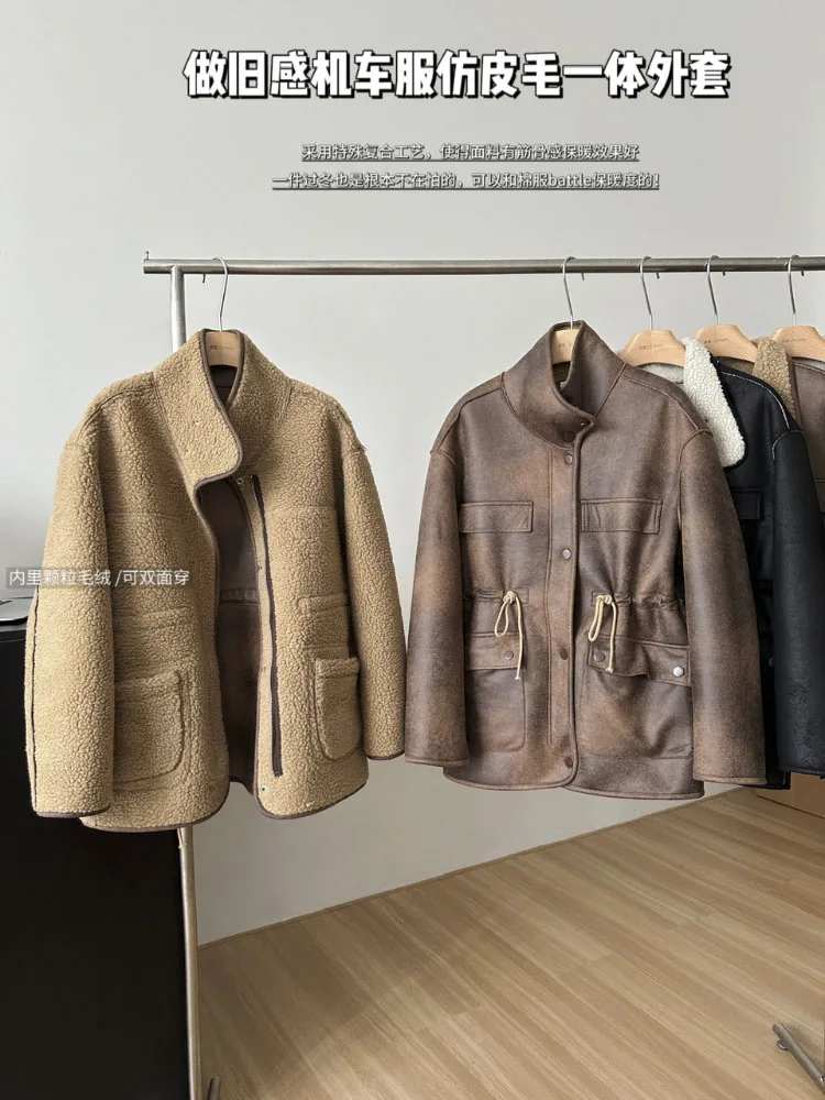 Vintage Biker Women\'s Leather Short Coat Drawstring Wool Lined Loose Temperament Vintage Leather Single Breasted Button Coat