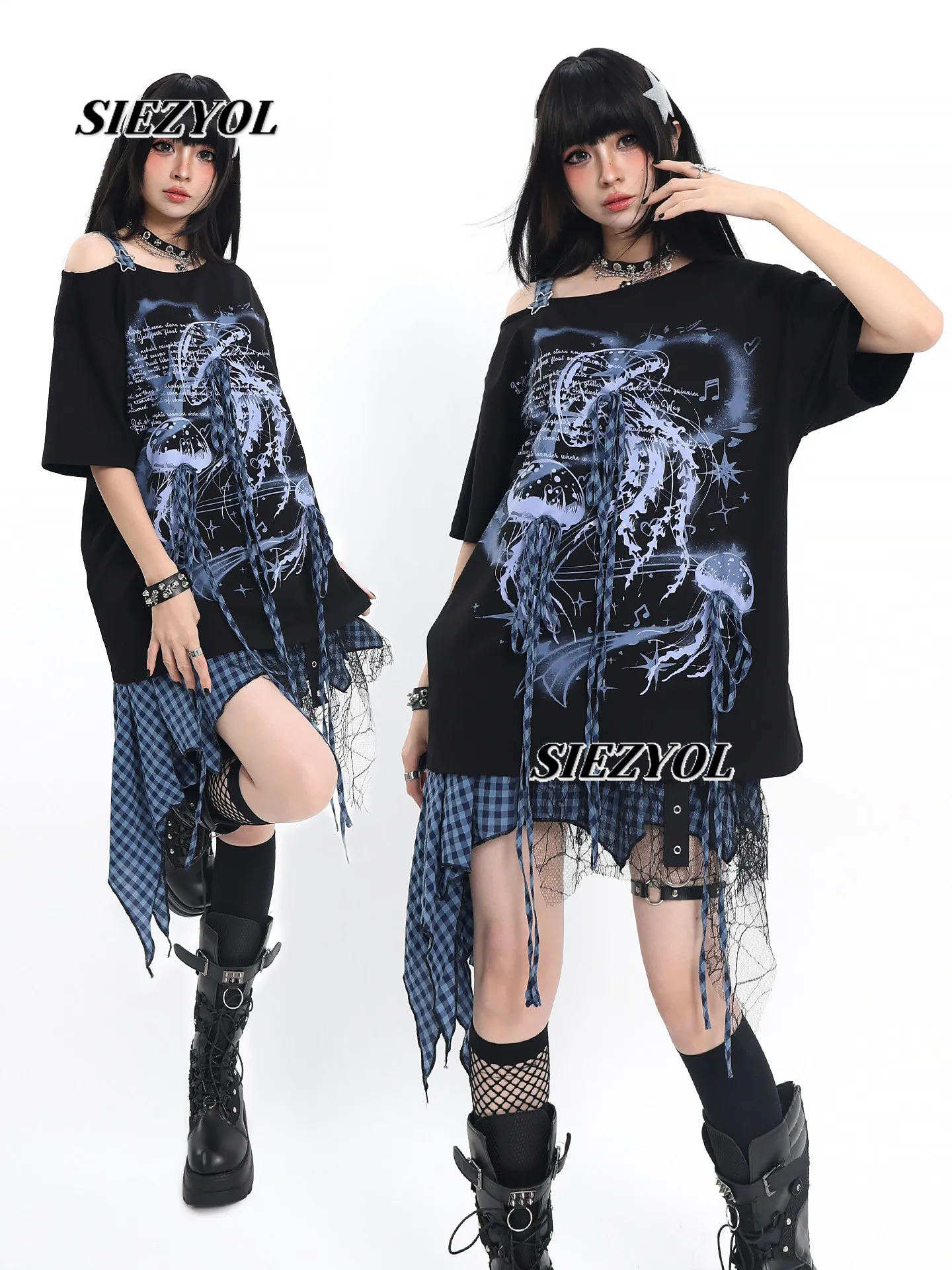 Original Off-shoulder Short-sleeved T-shirt Niche Sweet Girl Y2k Loose Tops Cool Summer New Casual Versatile Black Print T Shirt
