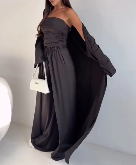 سترة صوفية طويلة بلون سادة وقميص بدون أكمام كاجوال بدون حمالات مع خصر عالي وسراويل واسعة الساق، طقم عصري مكون من 3 قطع