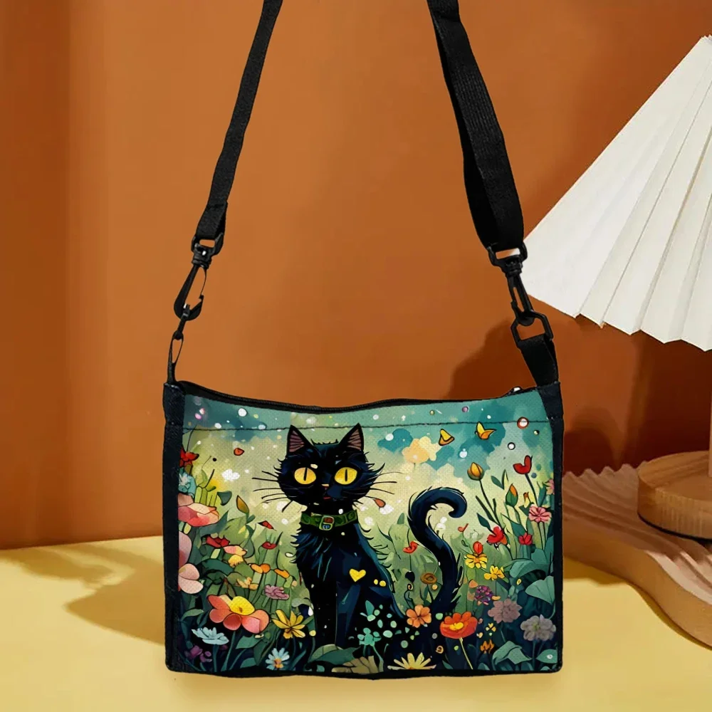 

Cute Cartoon Cat Crossbody Bag Ethnic Decor Design Shoulder Bag Vibrant Forest Plant Illustrations, Adjustable Strap Handbags