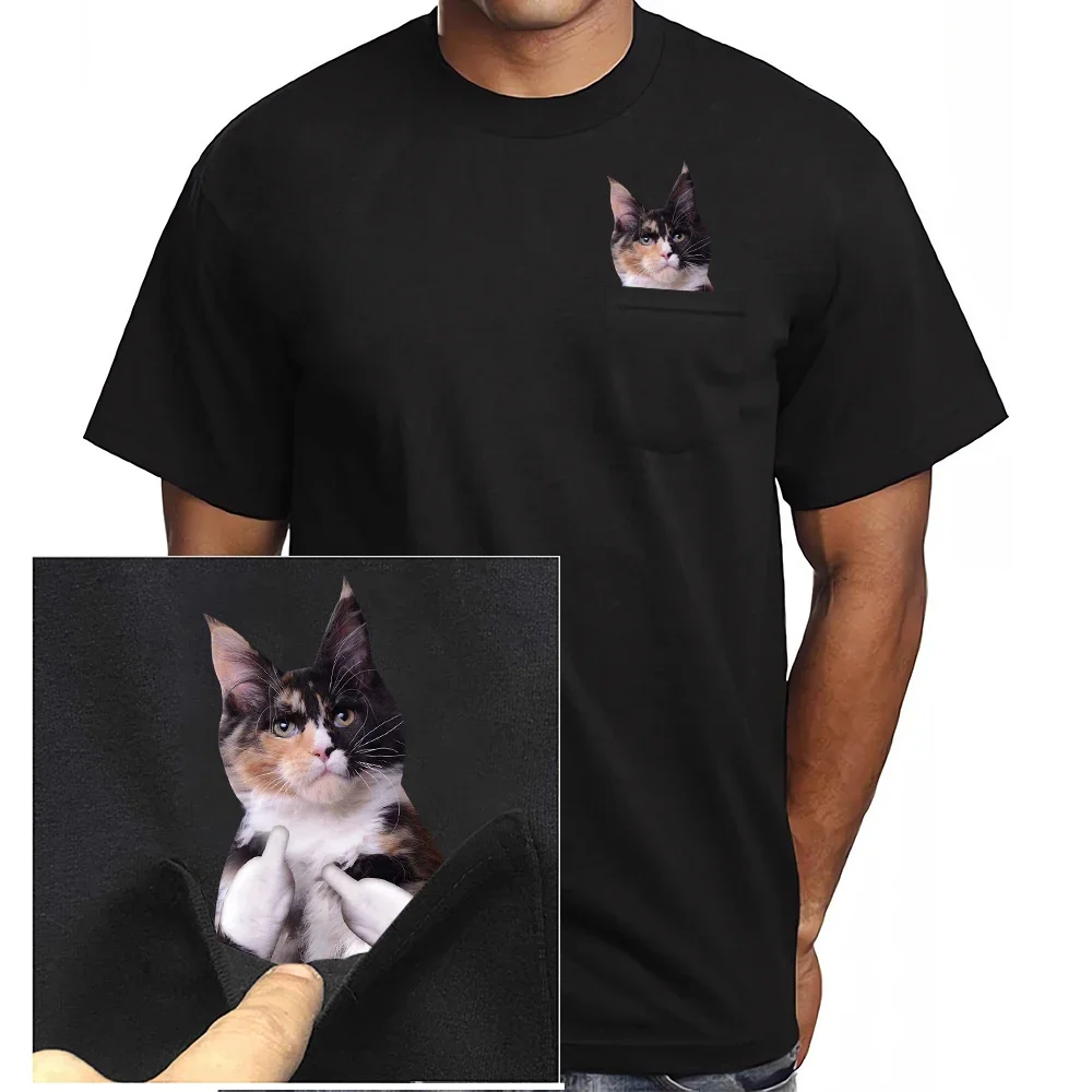 HX Maine Coon Cats Cotton T-Shirts Cute Tricolor Cat Double Middle Finger Pocket T Shirts Summer Short Sleeve Tees Men Clothing