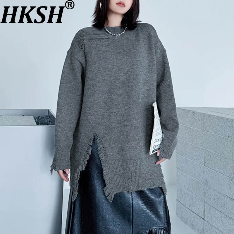 

HKSH Autumn Winter New Women's Sweater O-neck Pullover Long Sleeves Distressed Split Reto Streetwear Casual Knitted Tops HK14427